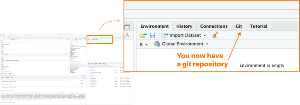 Screenshot showing an active Git repository in RStudio.